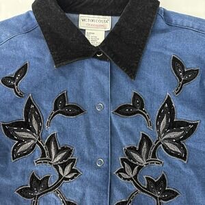 Victor Costa Occasion Women's Medium Snap Front Floral Applique Denim Shirt VTG‎